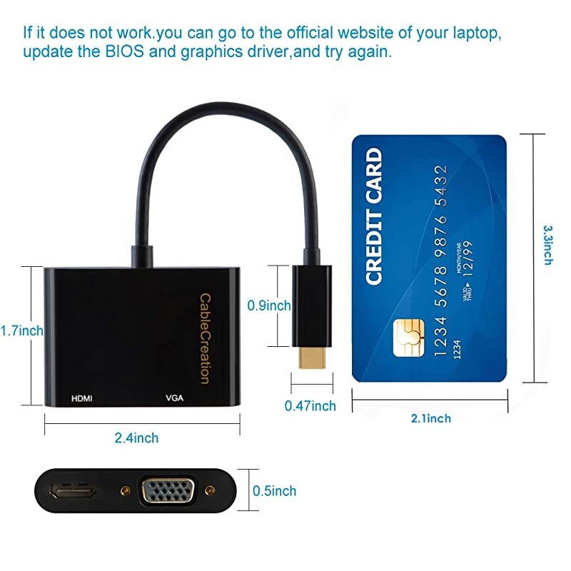 USB C to HDMI + VGA  Type C to Dual HDMI VGA Splitter Thunderbolt 3 Compatible Adapter Compatible with XPS 13 MacBook Pro 2019iPad Pro 2019 Yoga 910Surface Go Chromebook Pixel