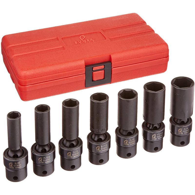 Sunex Tools 3656 3/8 Inch Drive SAE Heavy Duty Steel Fractional 6 Point Universal Deep Impact Socket Set, 7 Piece