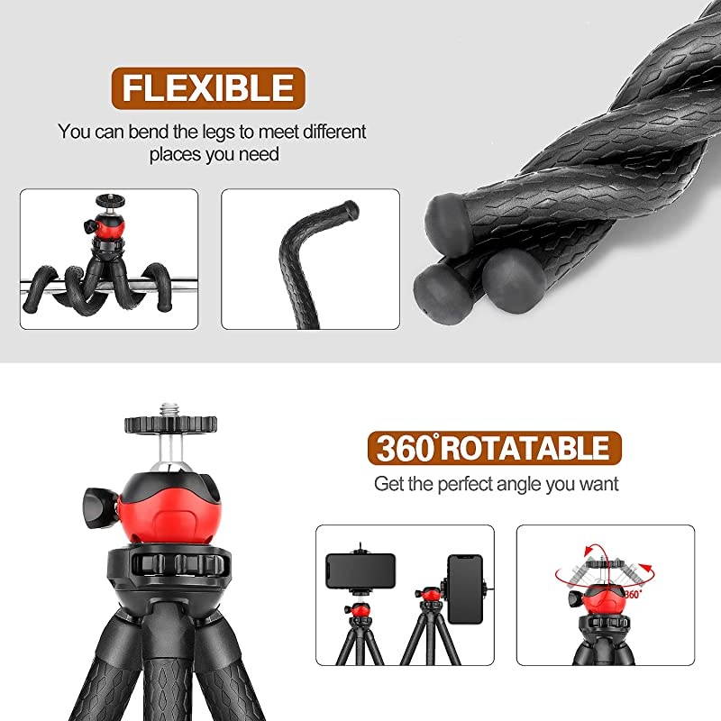 Phone Tripod, Portable and Adjustable Flexible Tripod with Wireless Remote and Universal Phone Mount Compatible with iPhone Android Phone Sports Camera