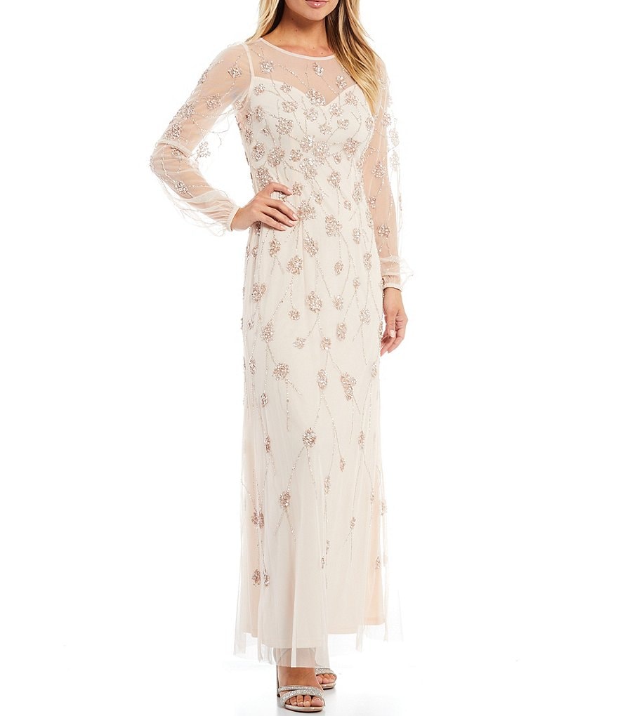 Adrianna Papell Beaded A-Line Long Sleeve Boat Neck Gown