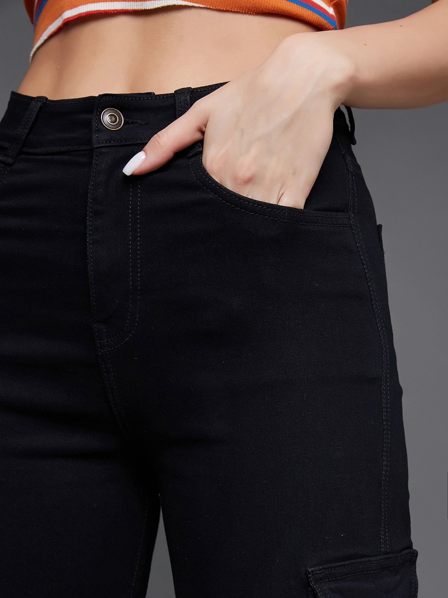 DOLCE CRUDO Black Denim Relaxed Fit High Rise Cargo Jeans