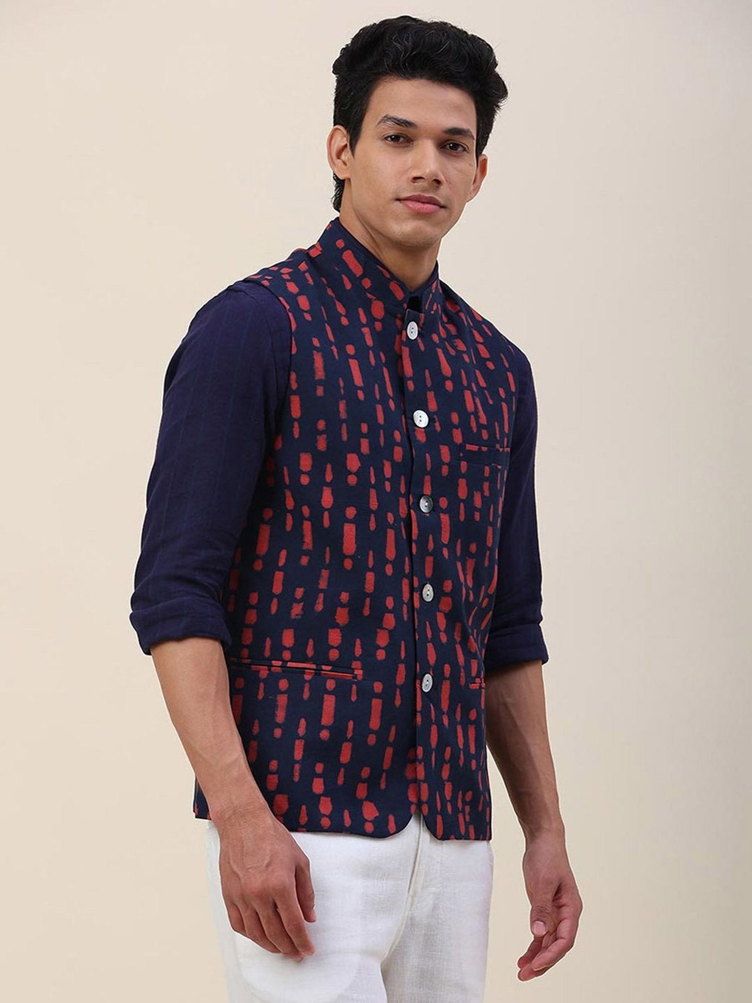 Fabindia Navy & Red Cotton Slim Fit Printed Nehru Jacket