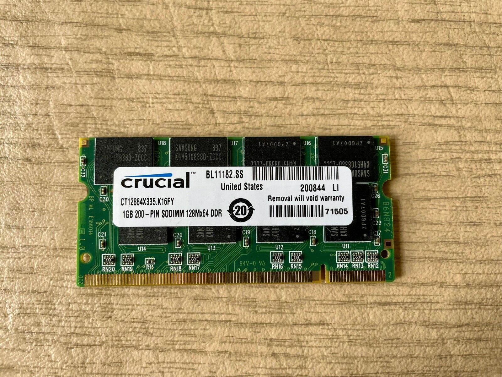 Crucial/Micron CT12864X335 MT16VDDF12864HY-335F2 1GB DDR-333MHz PC2700 200-PIN SODIMM 2.5V Cas Latency 2.5 Laptop Memory