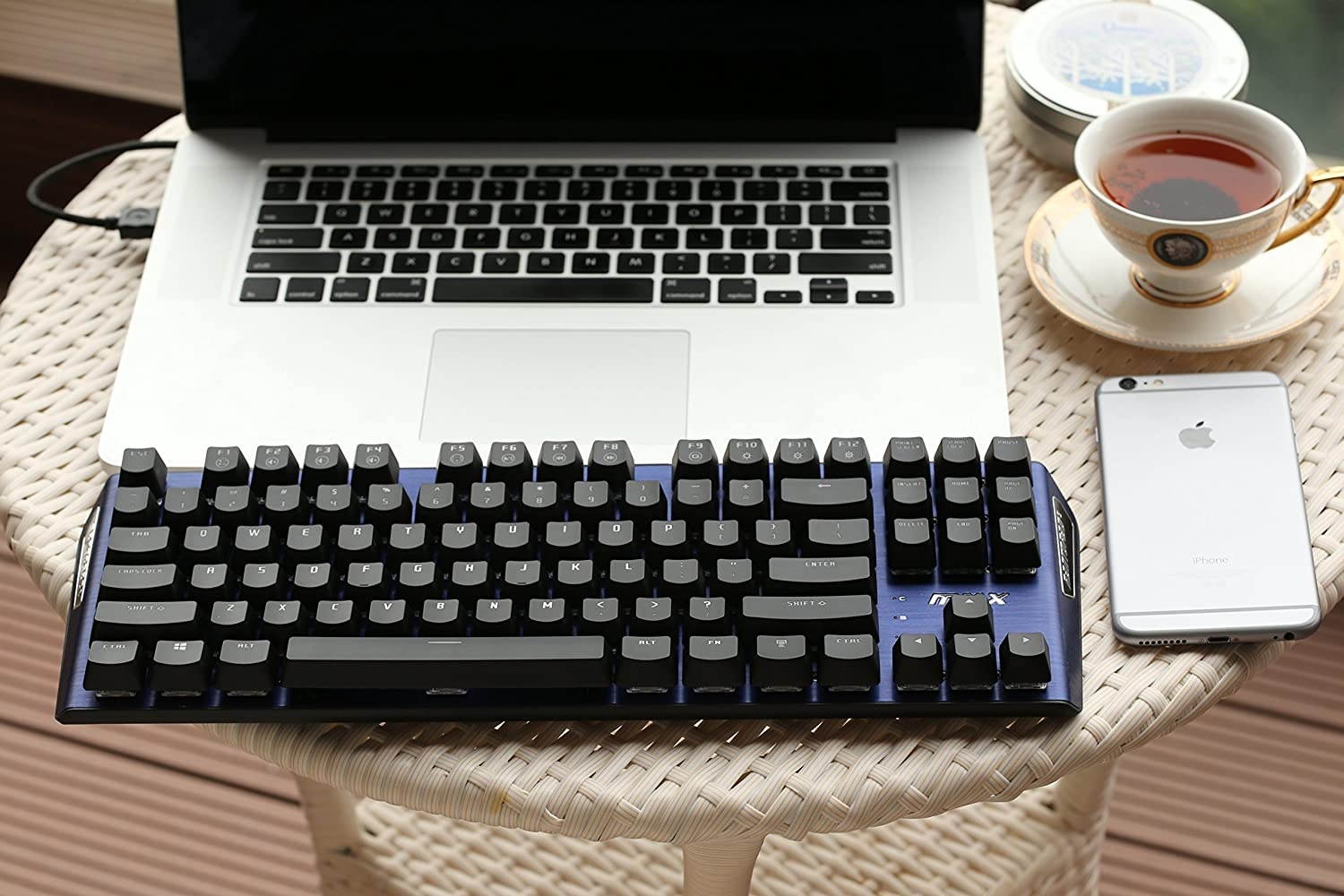 Rantopad MXX Mechanical Gaming Keyboard - 87 Keys,White Backlit, Blue Switches, Blue Aluminum Cover, N-Key Rollover