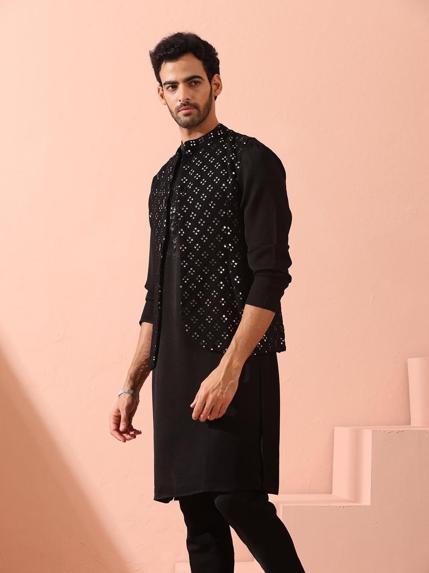 Swtantra Black Regular Fit Embellished Nehru Jacket