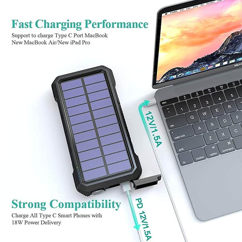 Solar Charger Power Bank 18W, QC 3.0 Portable Wireless Charger 10W/7.5W/5W with 4 Outputs & Dual Inputs, 20000mAh External Battery Pack IPX5 Waterproof with Flashlight & Compass (Black)