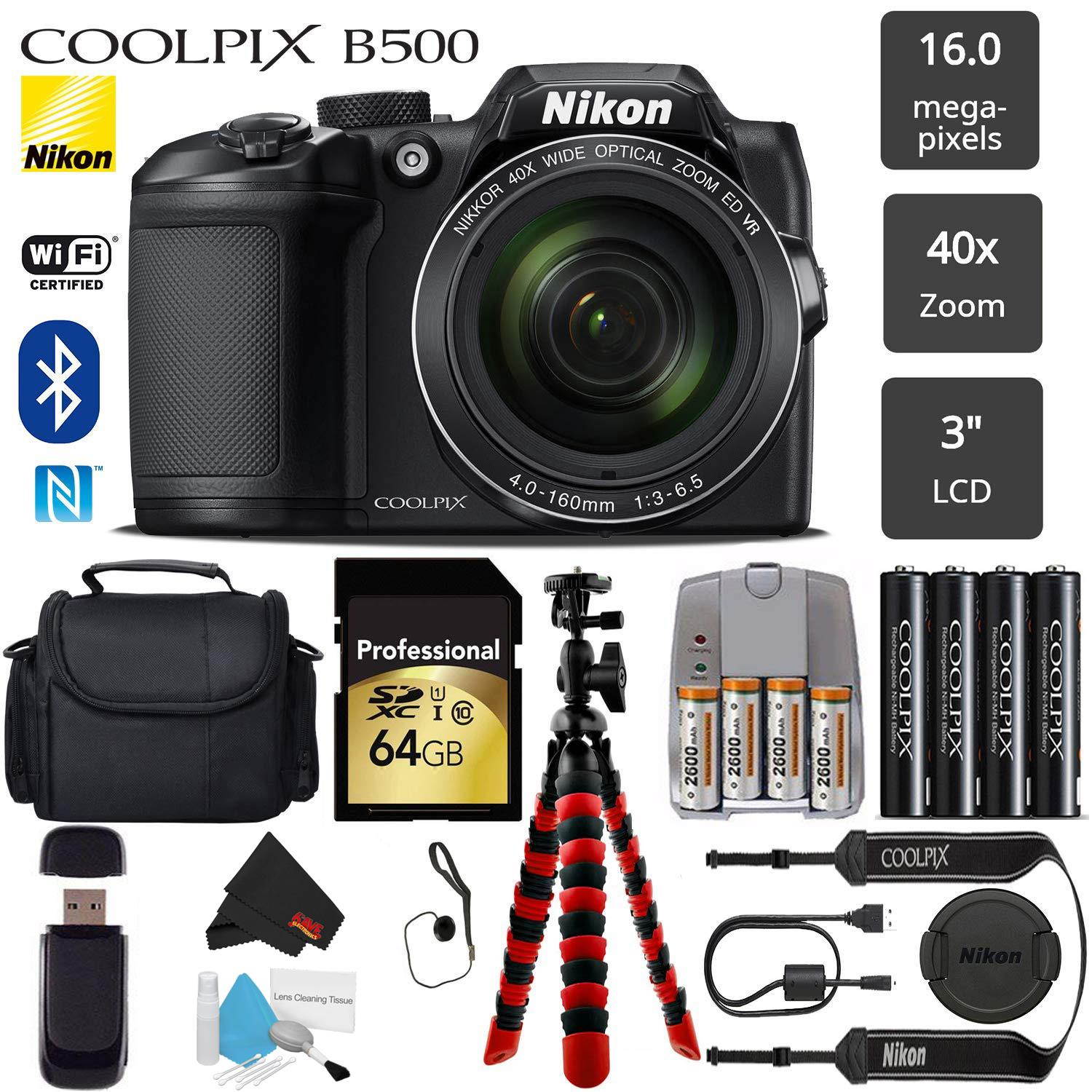 Nikon COOLPIX B500 Digital Camera (Black)(Intl Model) 16MP 40x Optical Zoom with Built-in NFC, WiFi & Bluetooth + Camera Case + Flexible Tripod + Card Reader