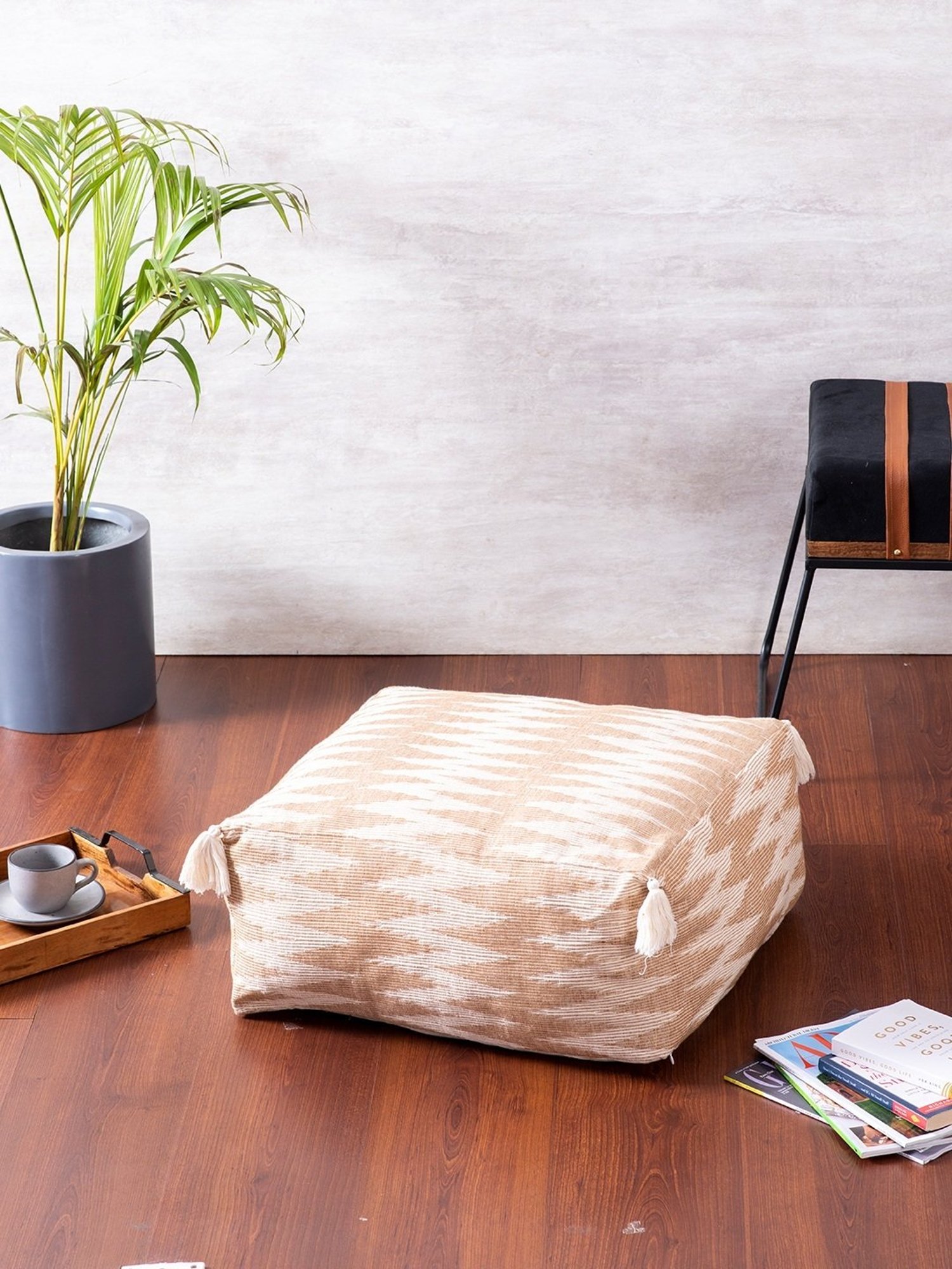 Nestroots Printed Yellow Cotton Foot Stool Floor Cushions - Set of 2