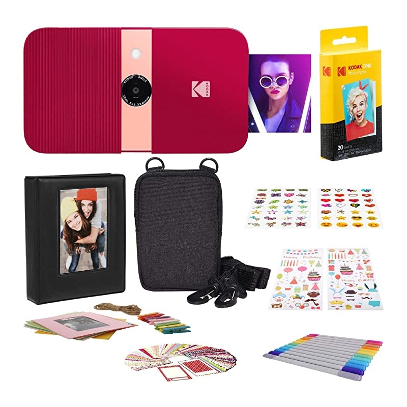 Smile Instant Print Digital Camera - Red with 2"x3" Premium ZINK Photo Paper (20 Sheets), Soft Camera case, ZINK Paper Unique Colorful Stickers & Photo Album Accessories