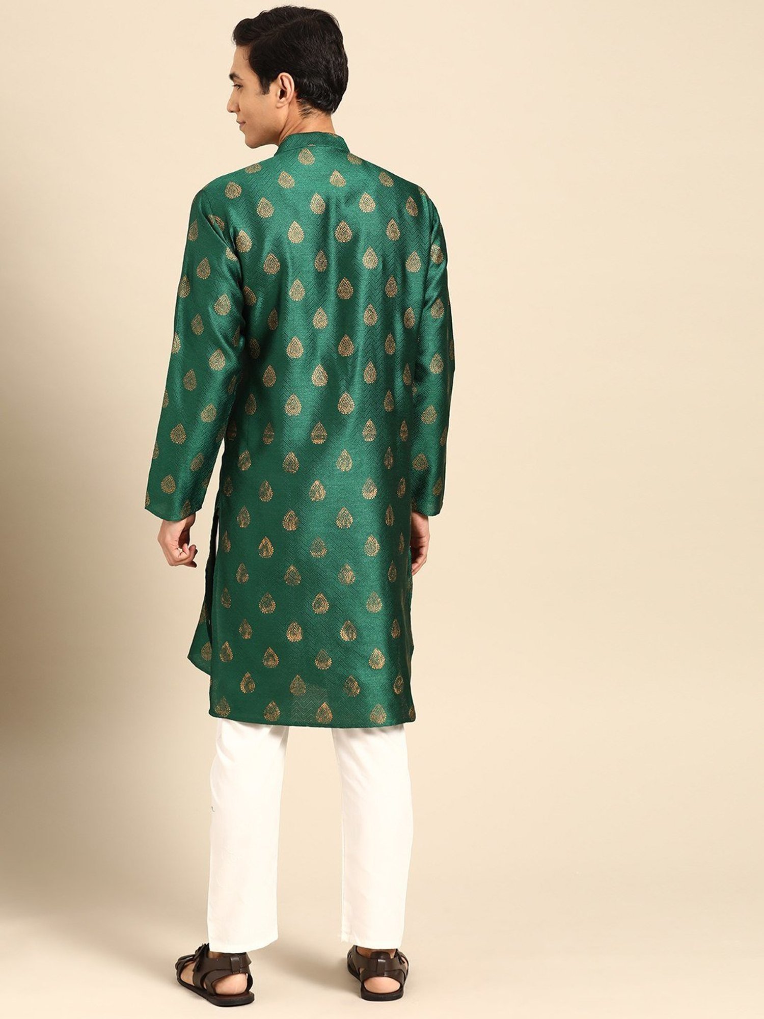 ManQ Green & White Regular Fit Printed Kurta Bottom Set