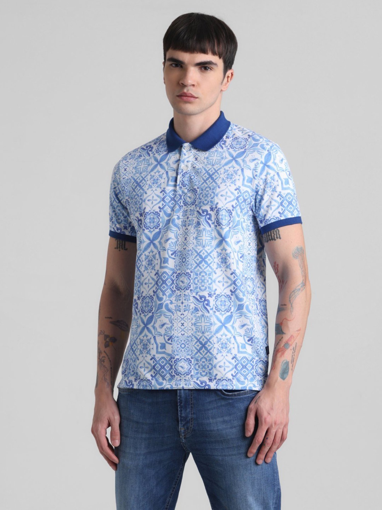 Jack & Jones Blue Ashes Cotton Regular Fit Printed Polo T-Shirt