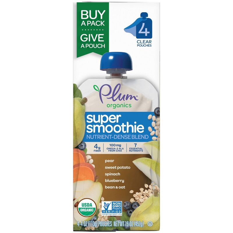 Plum Organics 4pk Super Smoothie Pear Sweet Potato Spinach Blueberry Bean & Oat - 16oz