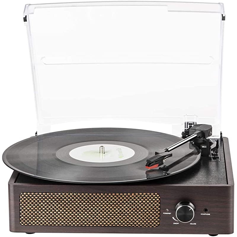 Record Player Belt-Driven 3-Speed Turntable, Vintage Vinyl Record Players Built-in Stereo Speakers, with Headphone Jack/ Aux Input/ RCA Line Out, Wooden (Brown)