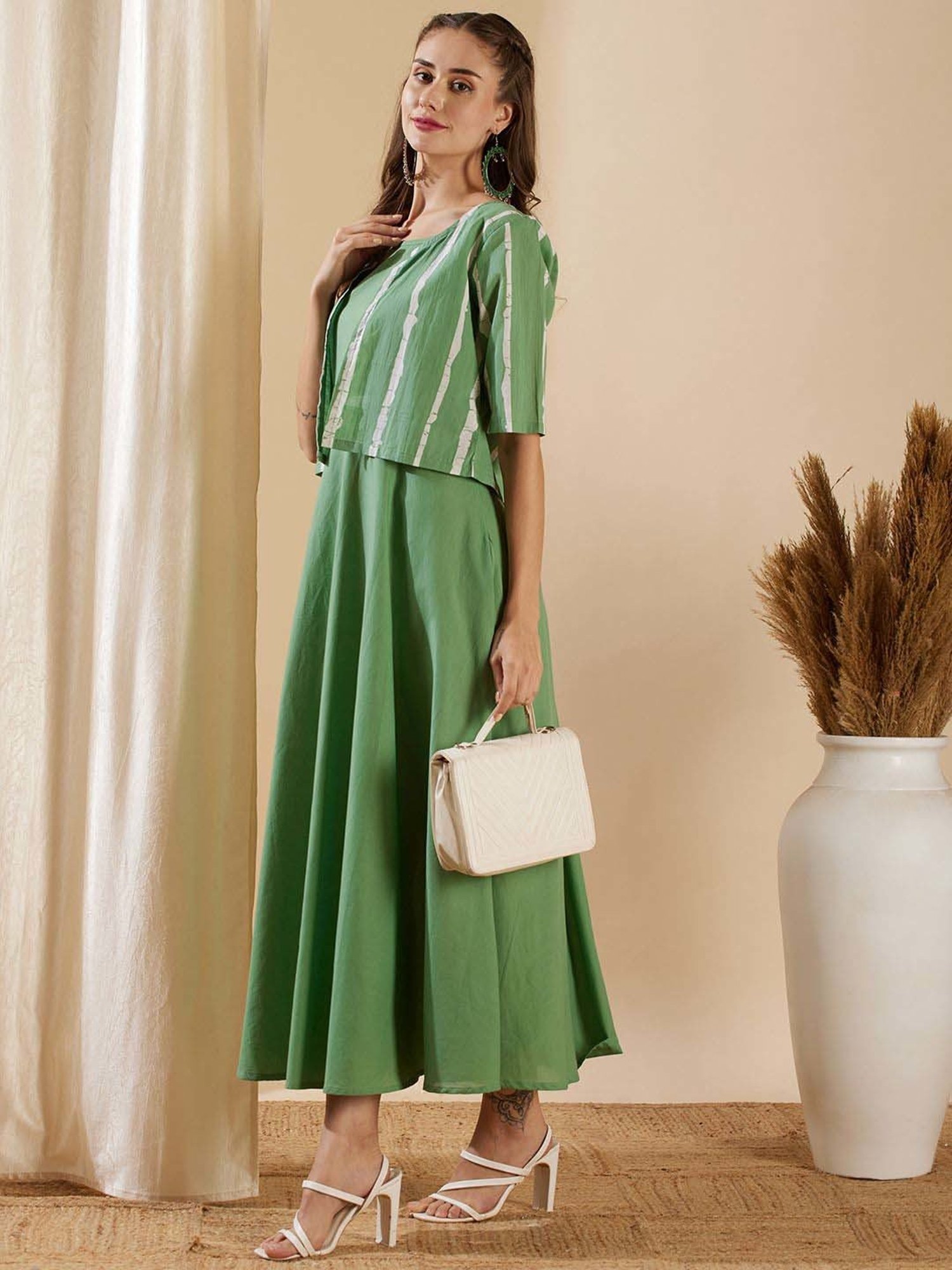 Fashor Green Cotton Printed Maxi Dress With Jacket