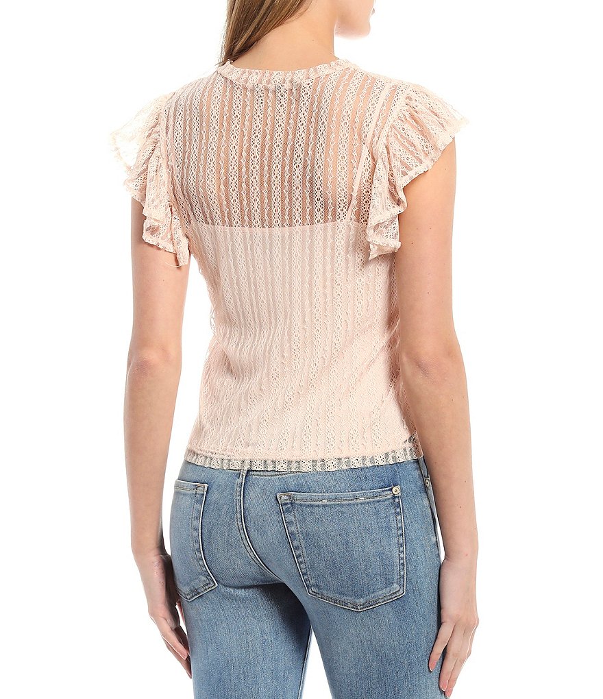 Buffalo David Bitton Everett Mock Neck Flutter Sleeve Lace Top