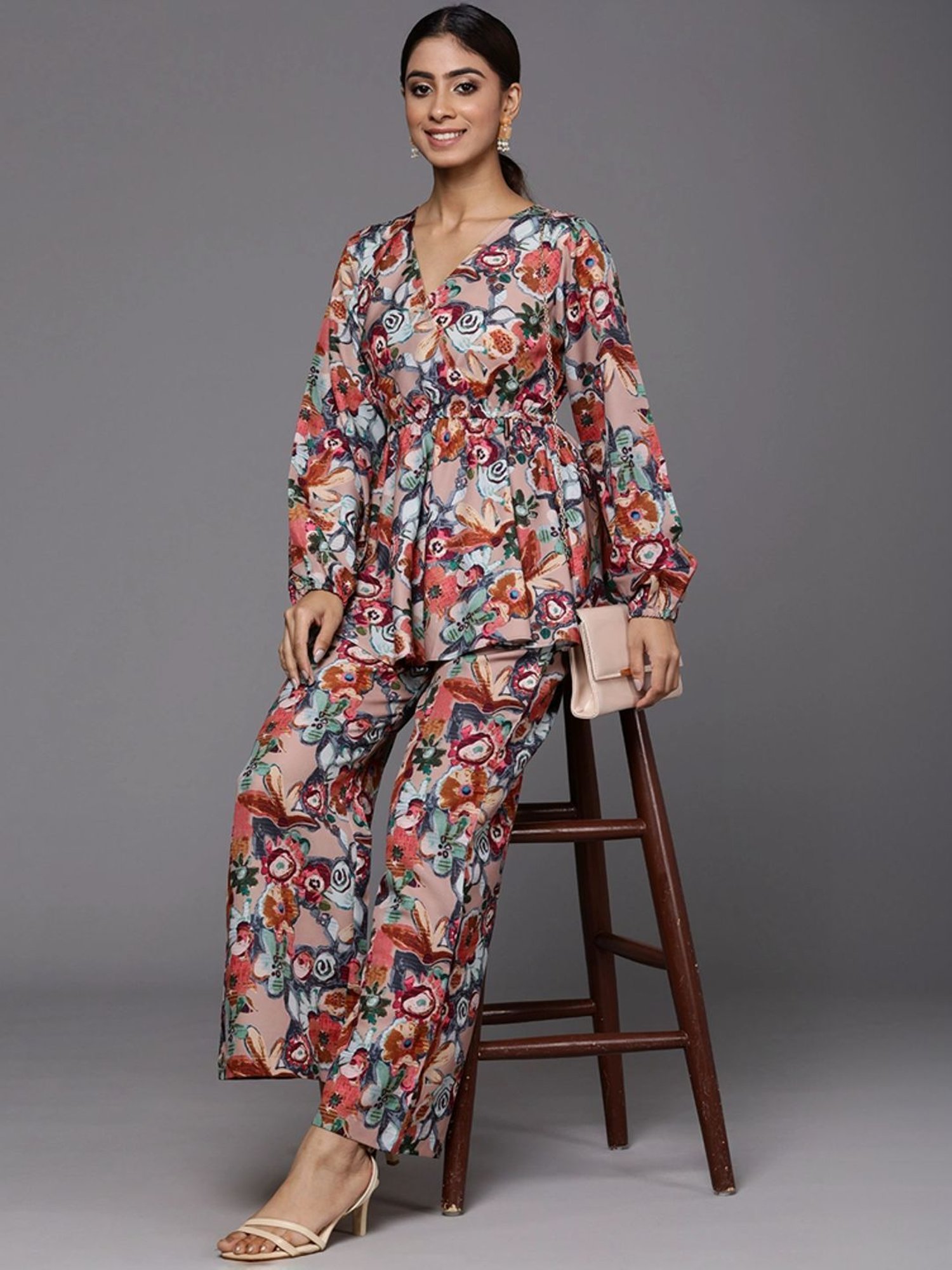 Varanga Beige Floral Print Top Pant Set