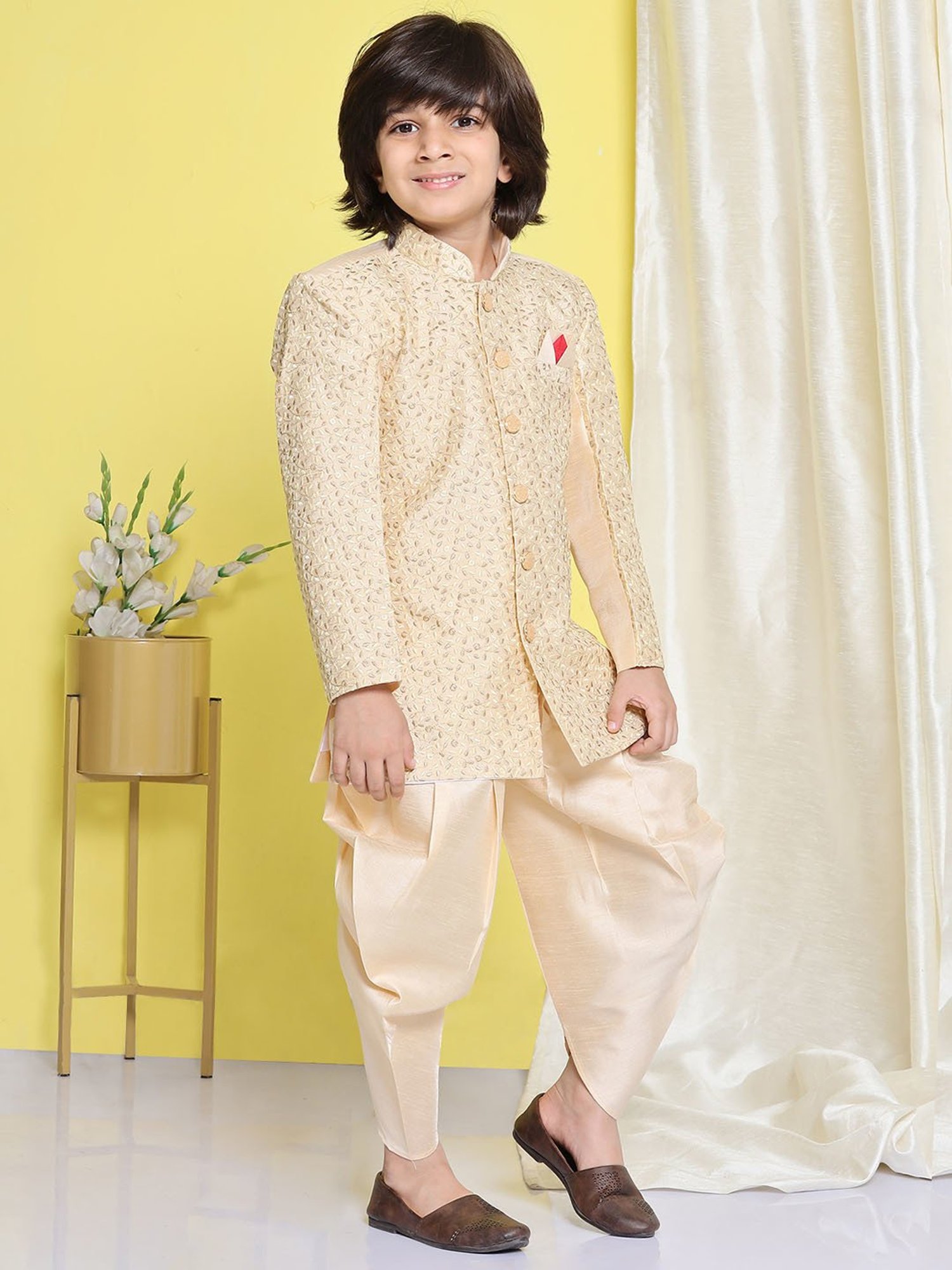 AJ Dezines Kids Beige Embroidered Full Sleeves Sherwani with Patiala Salwar