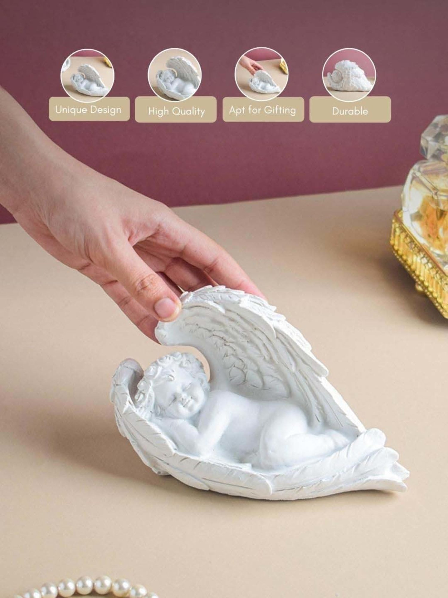 Nestasia Beautifully Crafted White Resin Made Sleeping Angel With Wings Statue I Perfect For Gifting