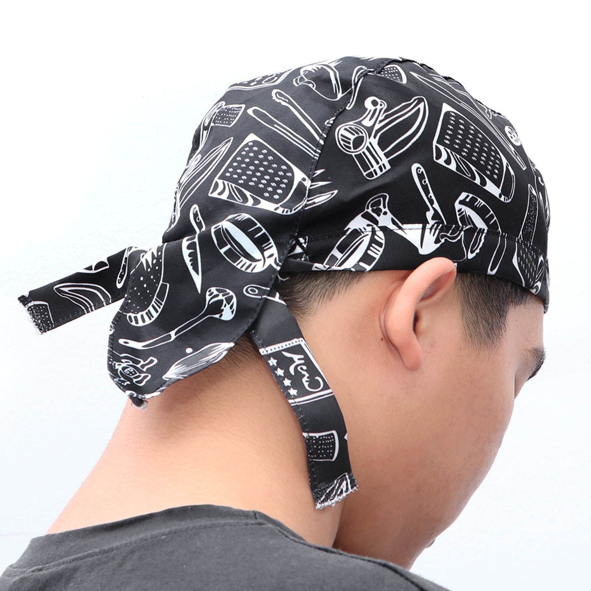 Fashion Cutlery Style Chefs Hat Cap Kitchen Catering Skull Cap Ribbon Cap Turban (Black+White)