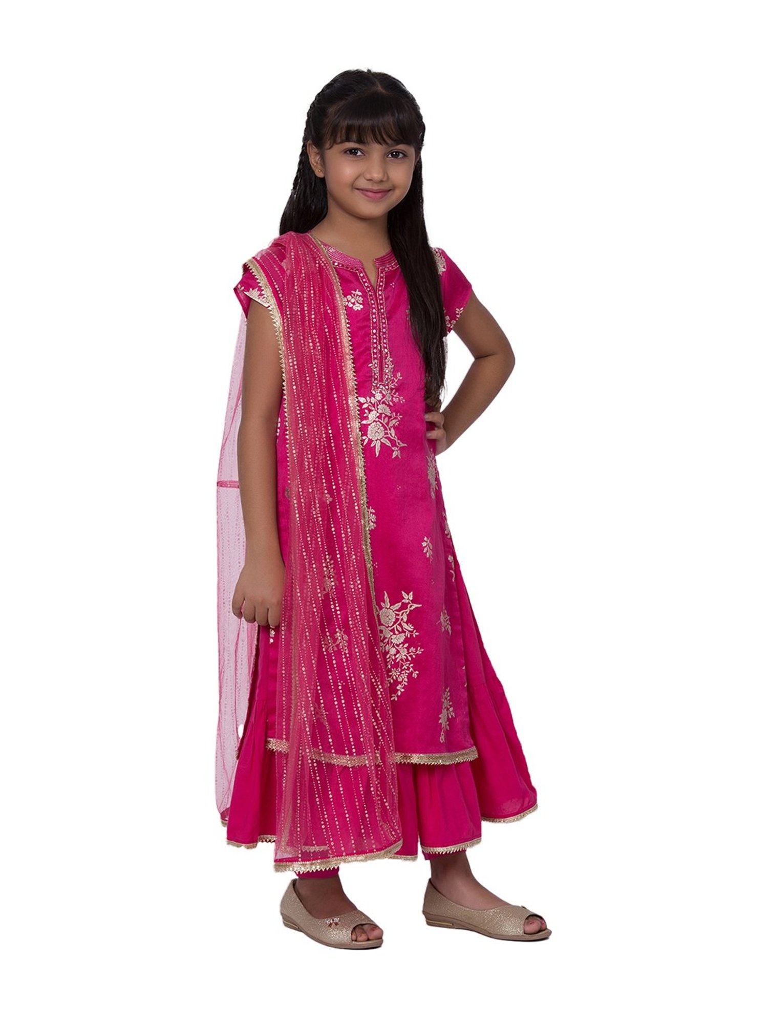 BIBA Girls Pink Printed Anarkali, Inner, Churidar With Dupatta