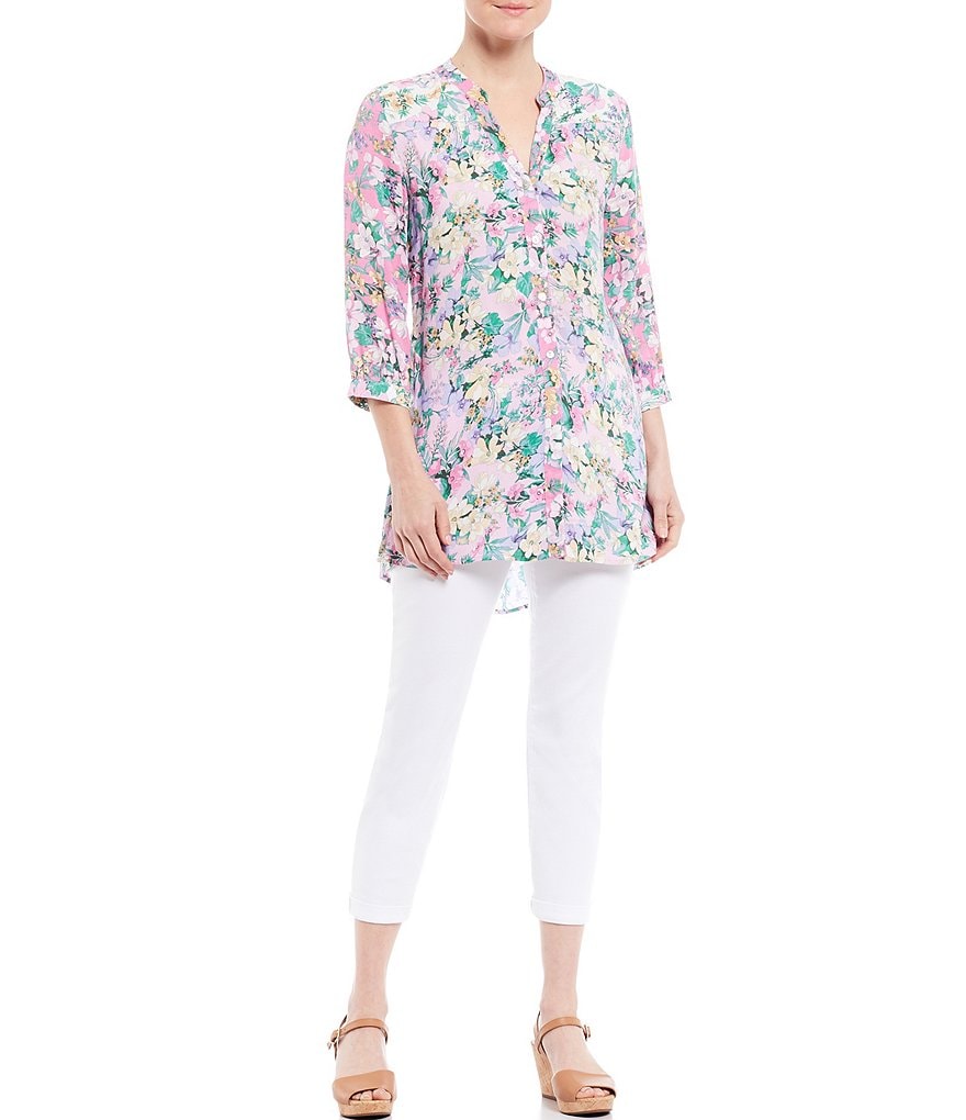 Figueroa & Flower Petite Size Allison Floral Print 3/4 Sleeve Button Front Hi-Low Blouse