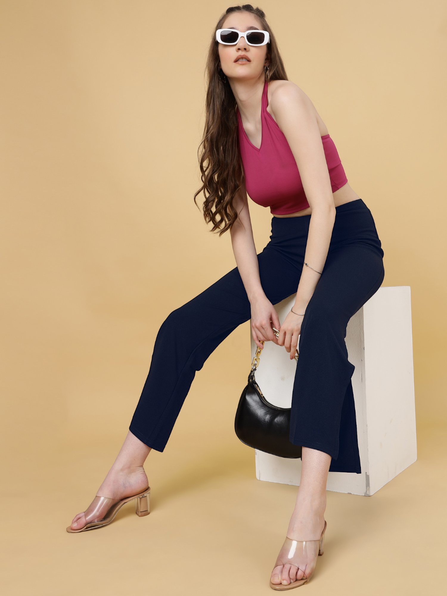 FITHUB Navy Regular Fit Regular Fit High Rise Trousers