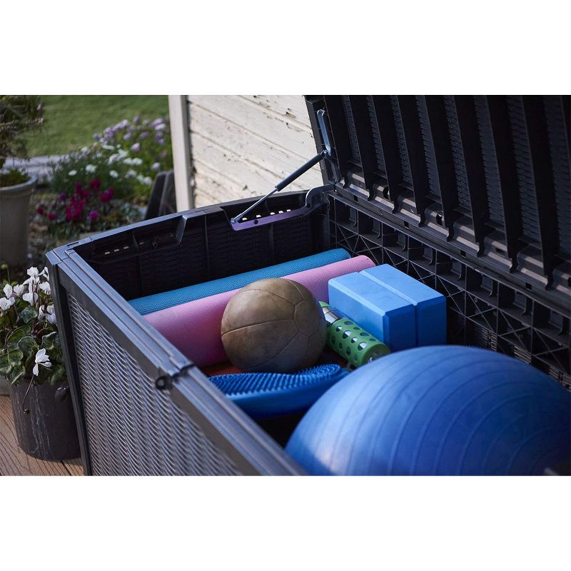 Keter Borneo Outdoor Resin Deck Storage Box Bin Organizer for Patio Furniture, Cushions, and Pool Toys with Wicker/Rattan Design, 110 Gallon, Grey