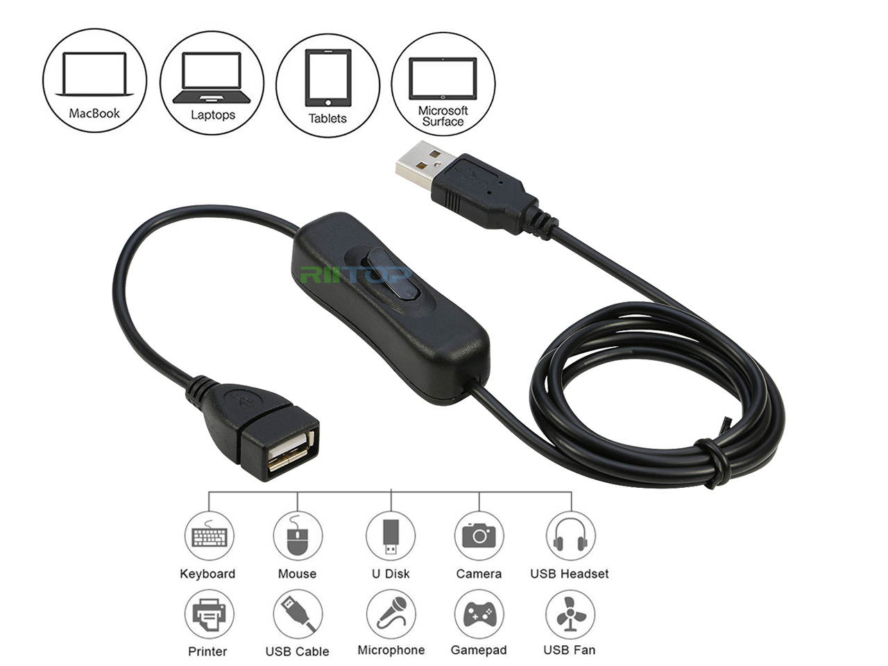 RIITOP USB Switch On Off Data and Power Extension Cable Adapter 3ft For iOS System, Raspberry Pi (2Pack)