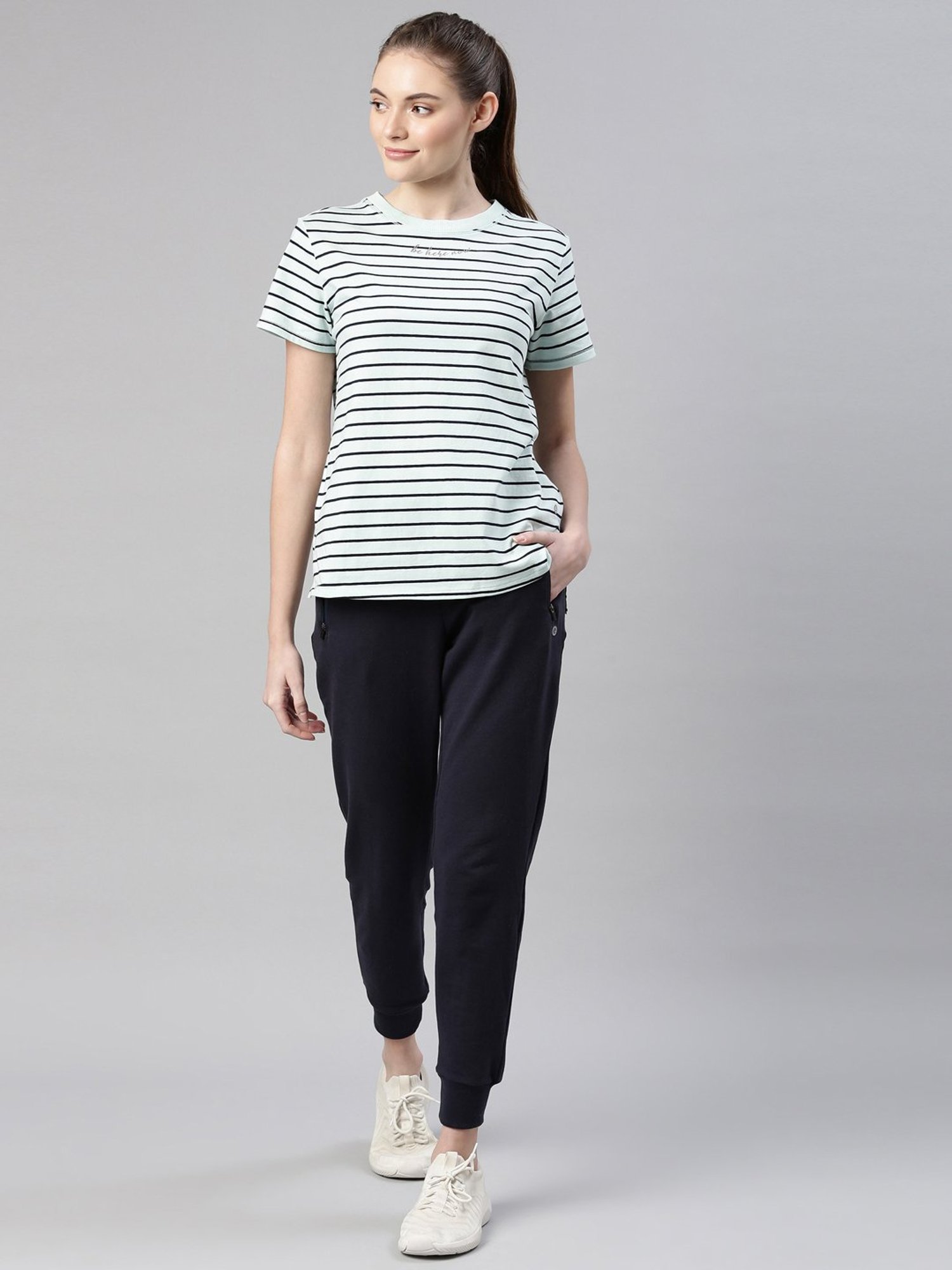 Enamor Blue & Black Cotton Striped Sports T-Shirt