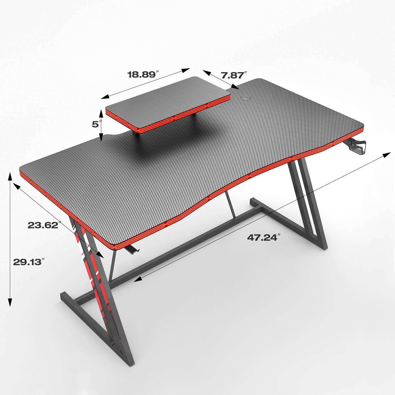 Furmax 47 inch Gaming Desk Z Shaped PC Gaming Table with Carbon Fibre Surface Computer Desk Gamer Workstation with Monitor Shelf, Cup Holder and Headphone Hook for Home Office (Black)