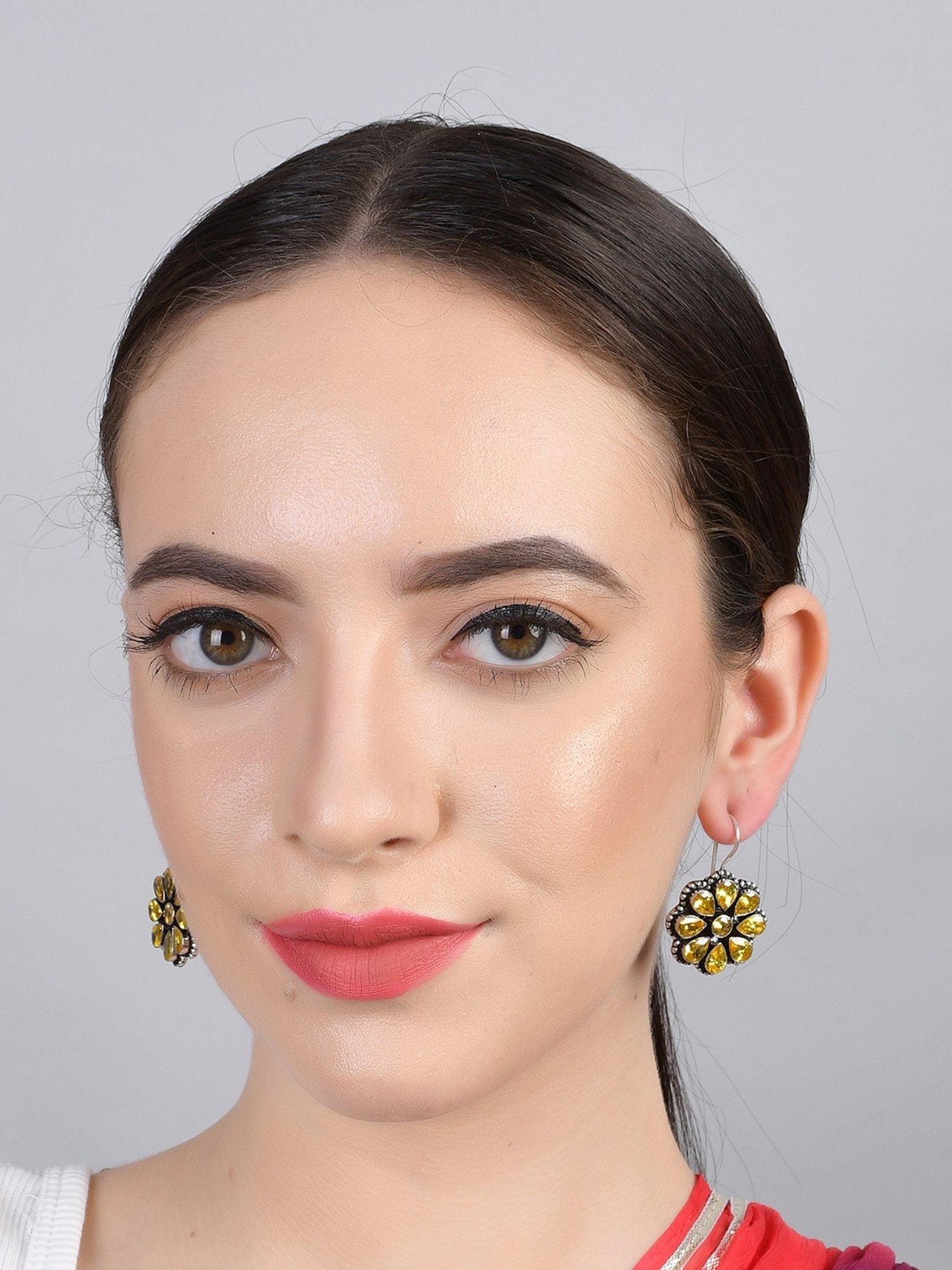 Imli Street Yellow Silver Tone Stone-Studded Handcrafted Drop Earrings