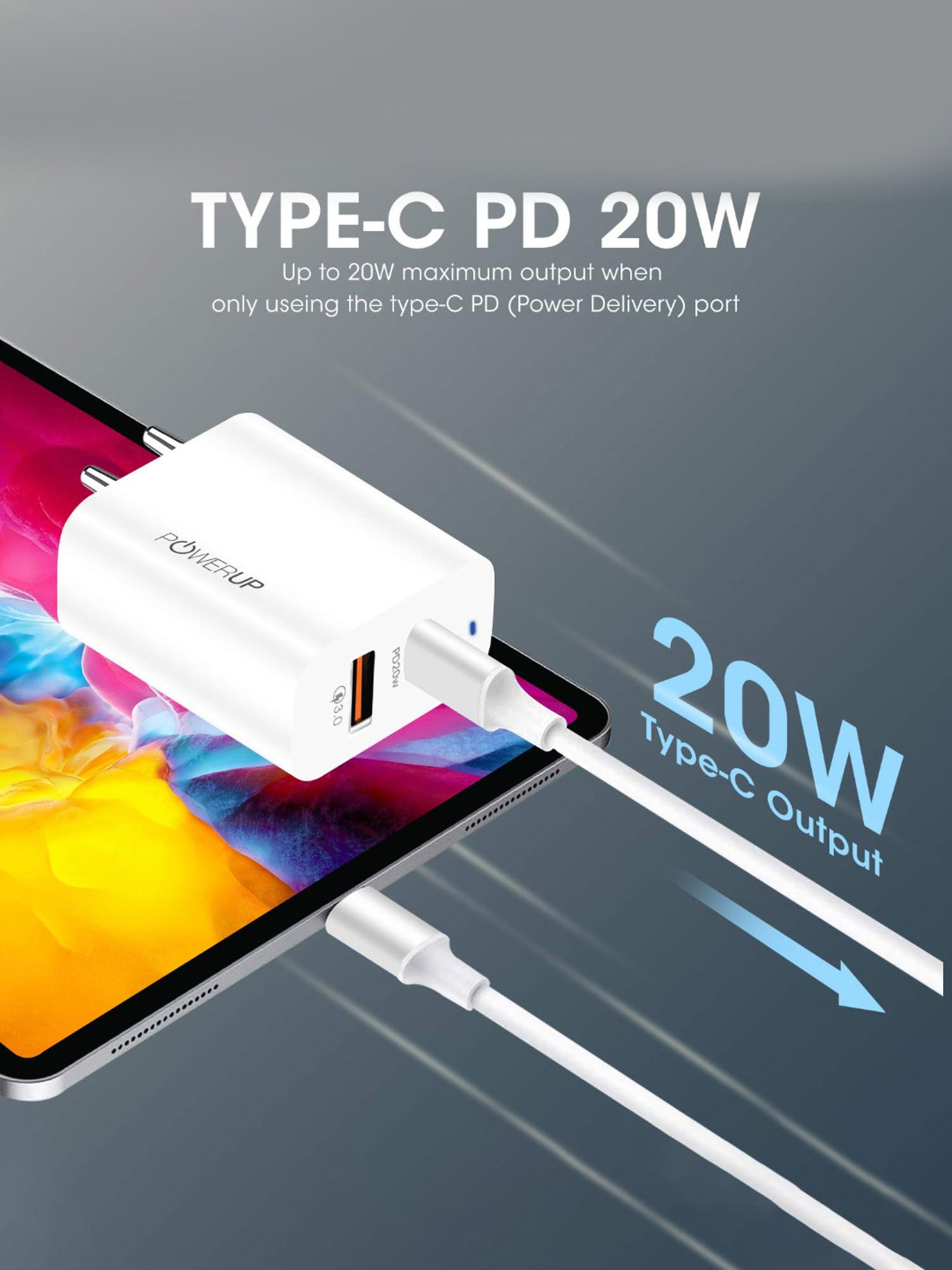 Powerup Stay Charge Turbo Max Charge Dual Port 20W Type-C+Usb (White)