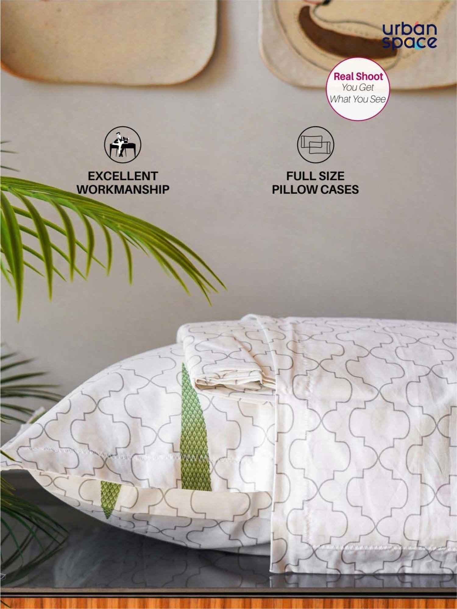 Urban Space White & Green Cotton 200 TC Pinewood Single Bedsheet with 1 Pillow Cover