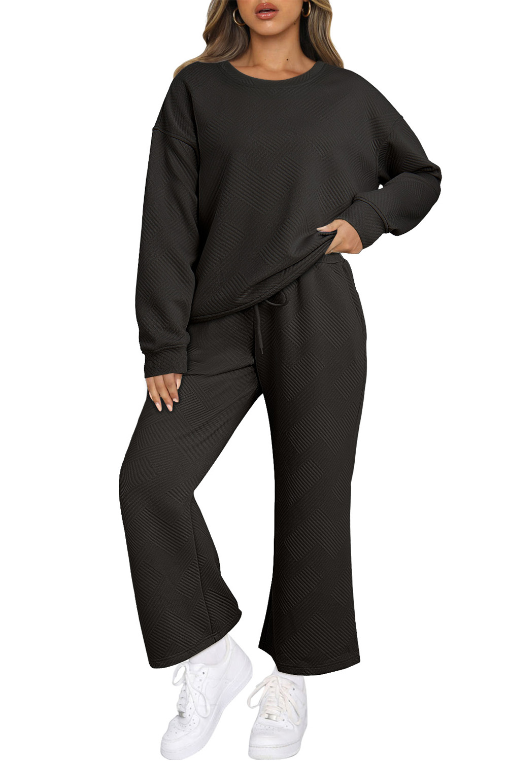 Black Textured Loose Slouchy Long Sleeve Top and Pants Set