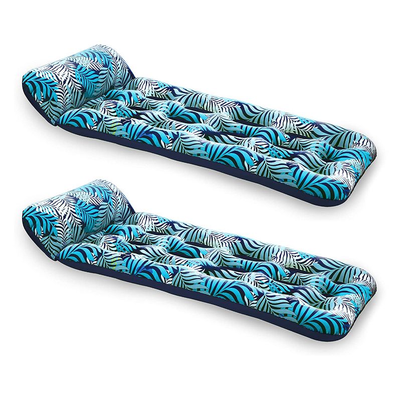 Aqua Leisure Inflatable Pool Float Water Contour Lounge Lounger Raft Floatie Couch with Headrest Pillow, Blue Ferns (2 Pack)