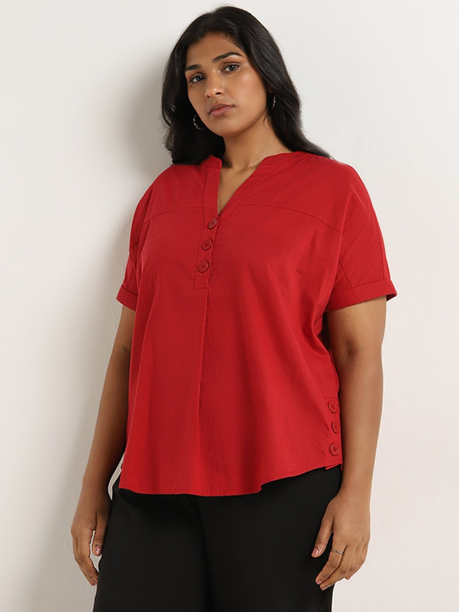 Gia by Westside Red Solid Cotton Top