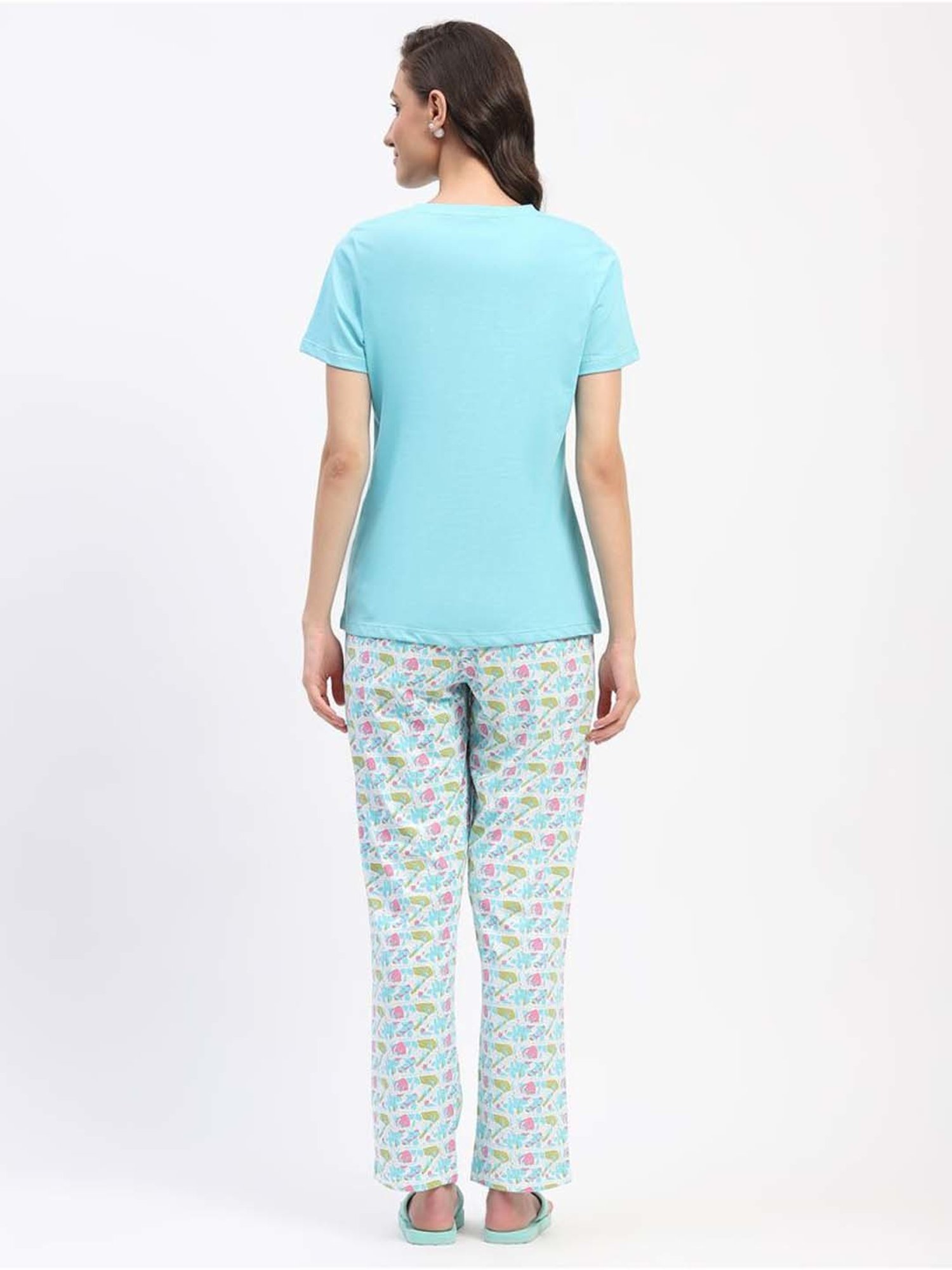 MADAME M Secret Blue Cotton Printed T-Shirt Pyjamas Set