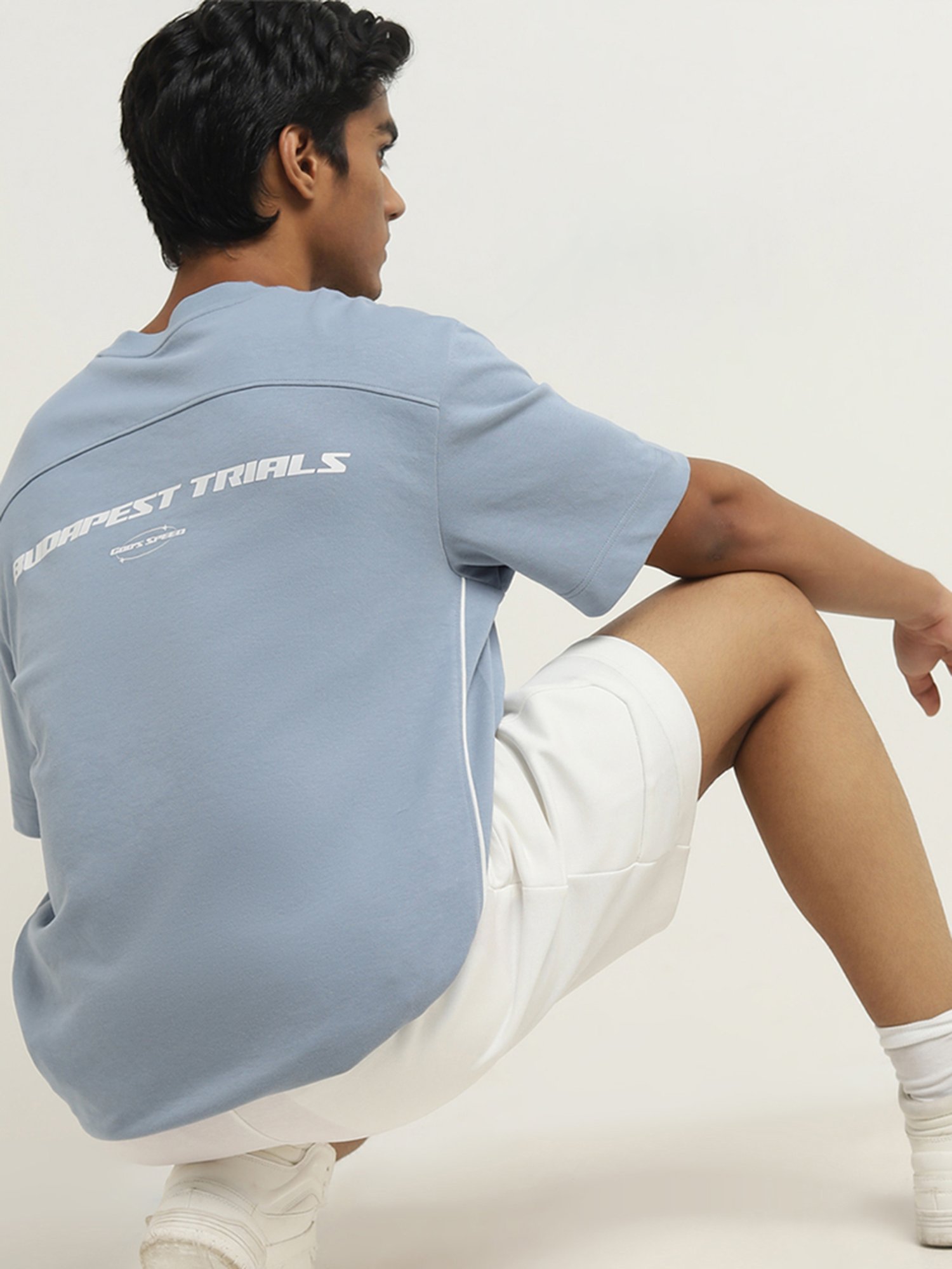 Studiofit by Westside Dusty Blue Text Printed Relaxed-Fit T-Shirt