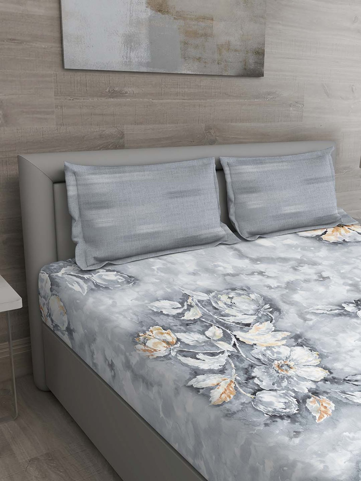 GM Grey & Orange 100% Cotton 144 TC Queen Bedsheet Set