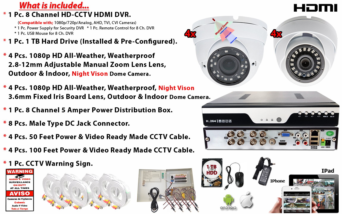 Evertech 8 Channel High-Definition DVR with 8 pcs 1080p HD Dome Cameras 1TB HDD Security Surveillance System