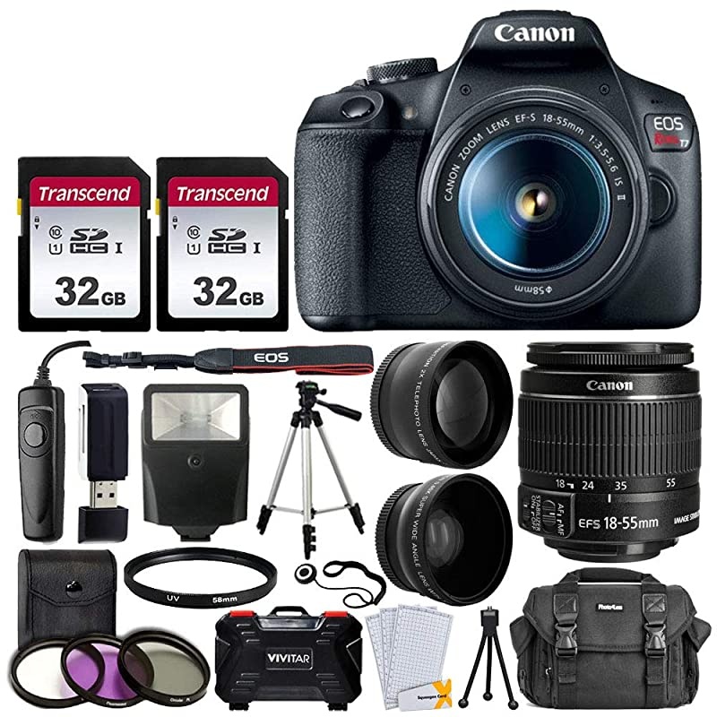 EOS Rebel T7 Digital SLR Camera with 18-55mm EF-S f/3.5-5.6 is II Lens + 58mm Wide Angle Lens + 2X Telephoto Lens + Flash + 64GB SD Memory Card + UV Filter Kit + Tripod + Full Accessory Bundle