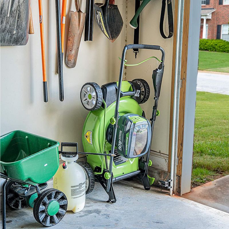 PowerSmith PLM14021H Battery Powered 40 Volt Max Lithium Ion 21 Inch Electric Brushless Motor Lawn Mower with 2 Batteries, Charger, and Bag, Green