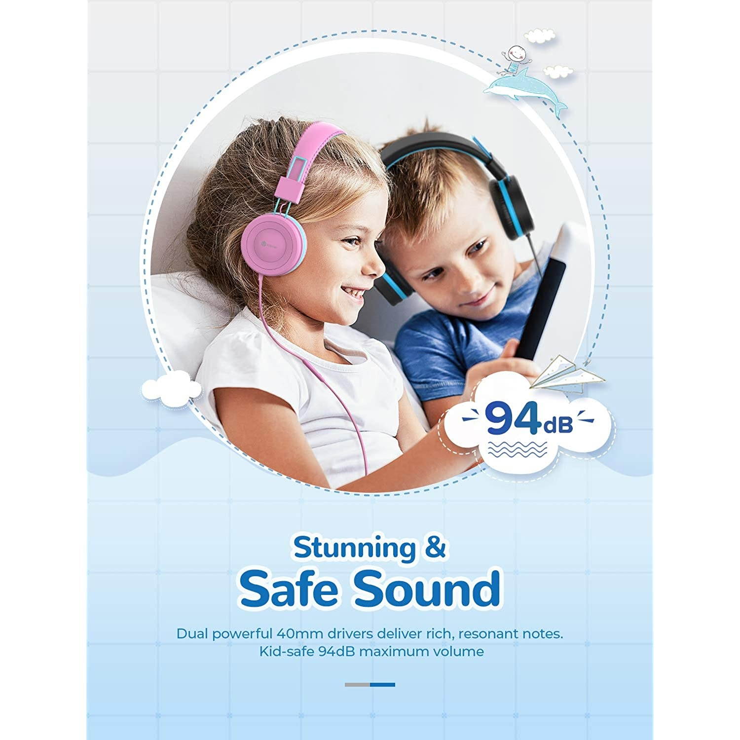 iClever Kids Headphones 2 Pack - Wired Headphones for Kids with MIC, Volume Control Adjustable Headband, Foldable - on Ear Headphones Kids for School iPad Tablet Airplane,Blue/Pink