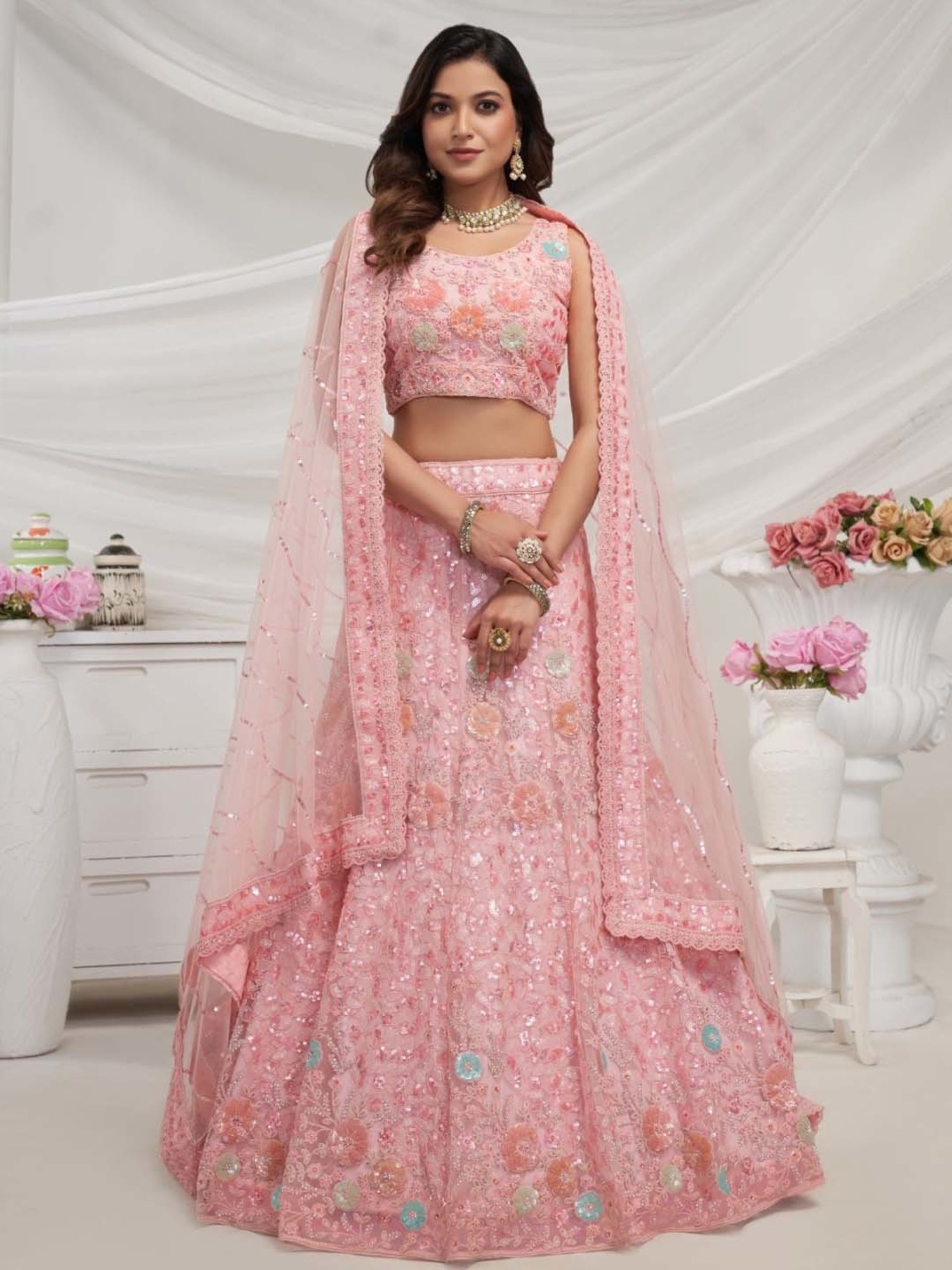 Odette Pink Embroidered Lehenga Choli Set With Dupatta