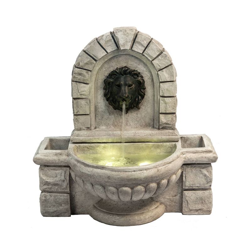 27.5" Lion Head Outdoor Wall Fountain with Planters and LED Light Gray - Peaktop