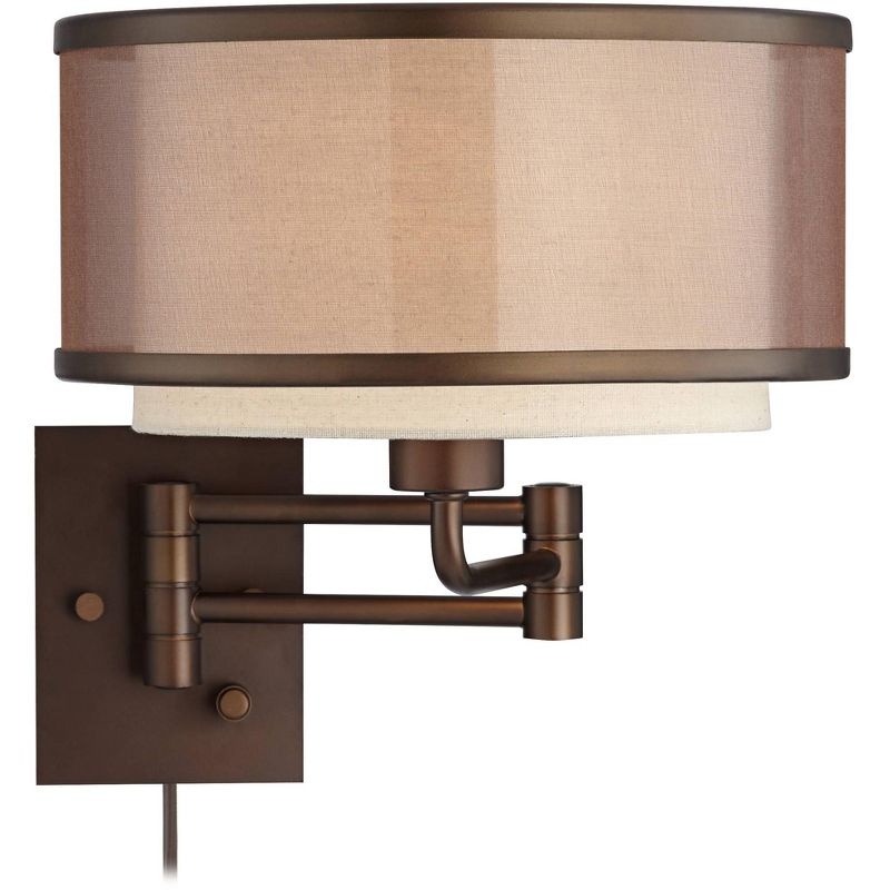 Franklin Iron Works Rustic Farmhouse Swing Arm Wall Lamp Oiled Bronze Plug-In Light Fixture Double Drum Shade for Bedroom Bedside