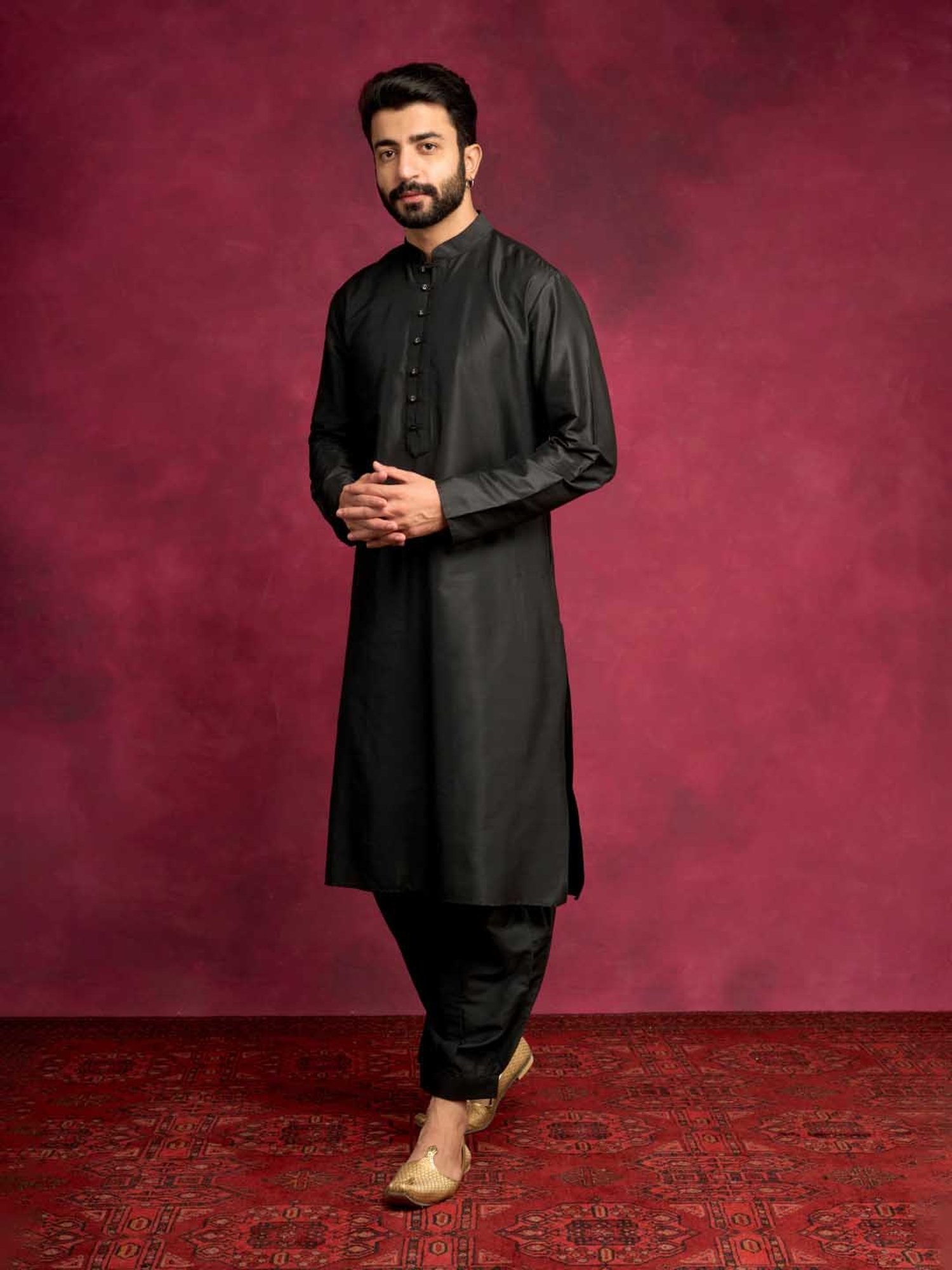 Abhishti Black Straight Fit Side Tie-Up Kurta & Pathani Pants Set