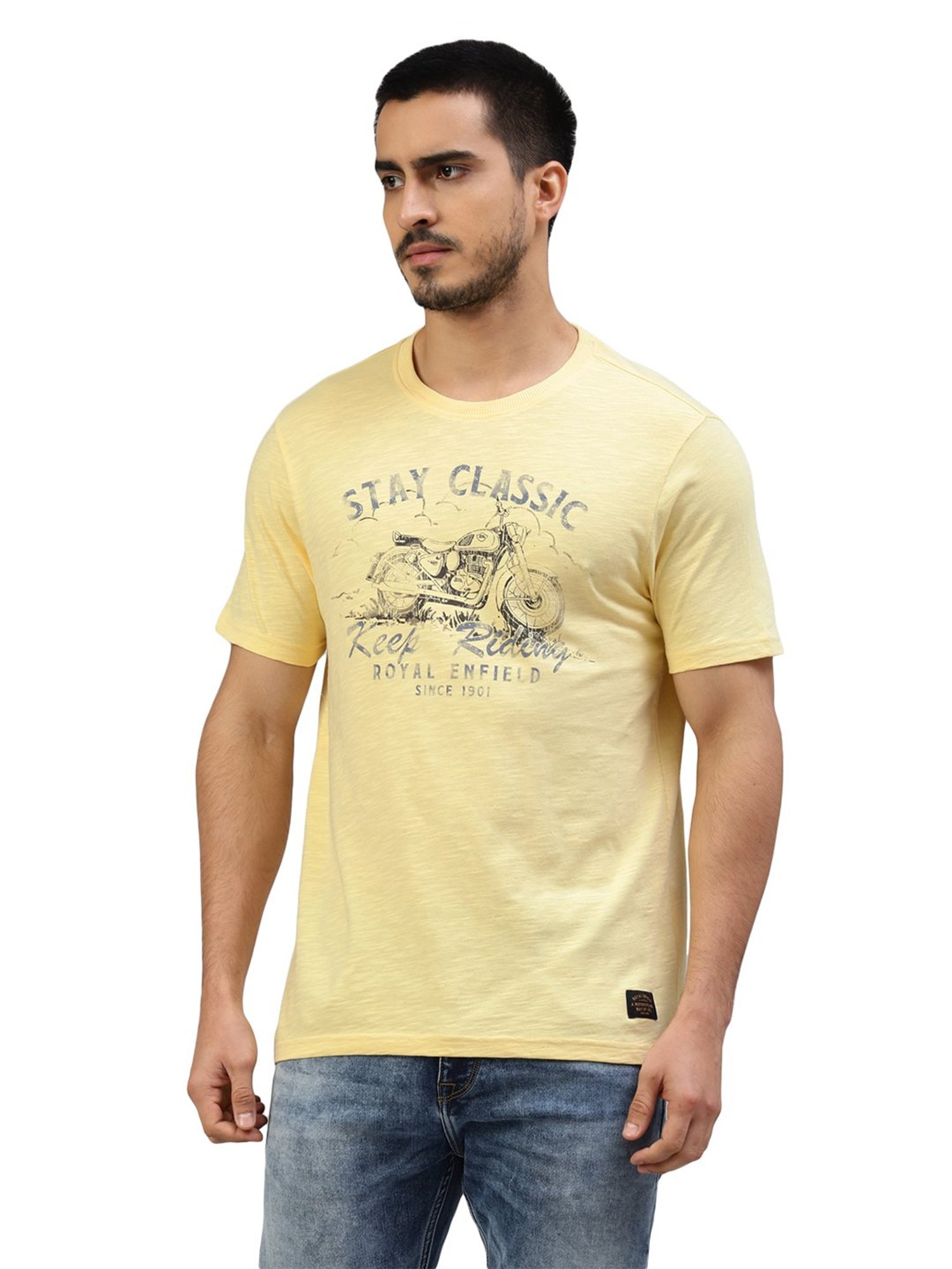 Royal Enfield Ride On Light Yellow Regular Fit Printed Crew T-Shirt