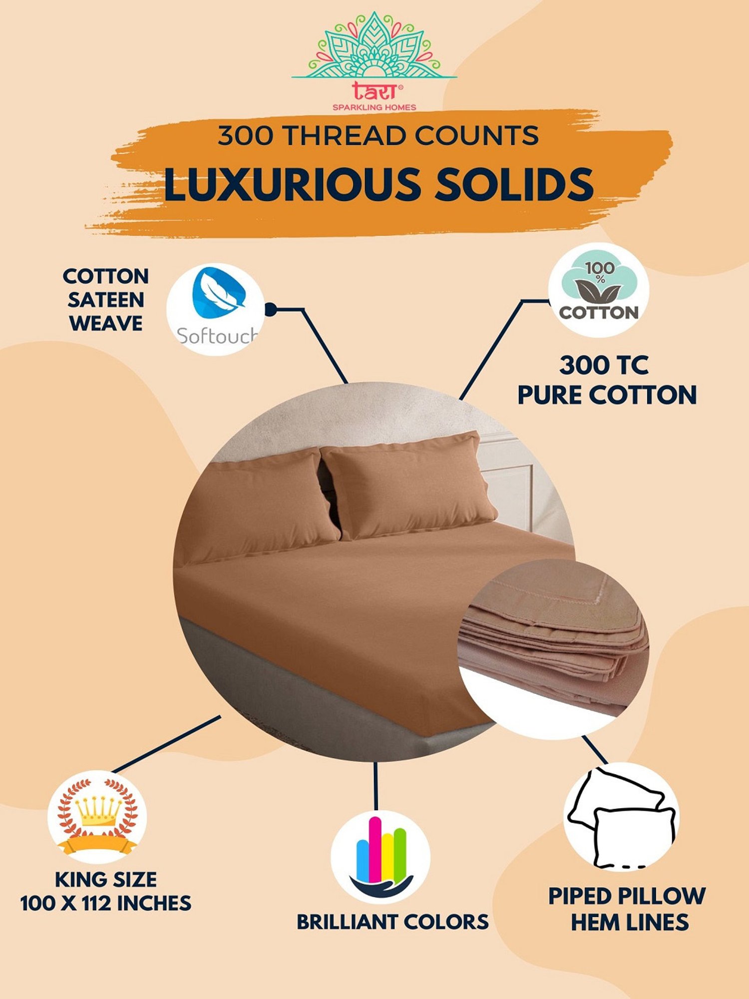 TARA Sparkling Homes Apricot Beige 300 TC Cotton King Bedsheet With 2 Pillow Covers