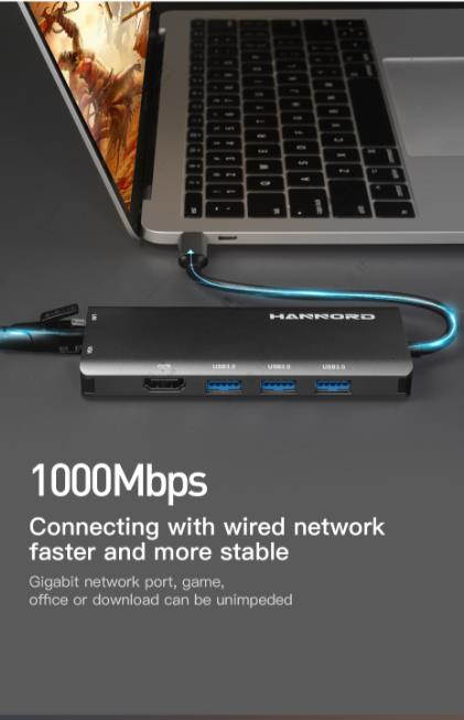 USB C Hub, Hannord 9-in-1 USB C Hub Adapter, with 4K HDMI, USB-C 100W Power Delivery, Ethernet Port, 1080P VGA, 3 USB-A 3.0 5Gbps Data Port, microSD SD Card Reader for MacBook Air, MacBook Pro, XPS